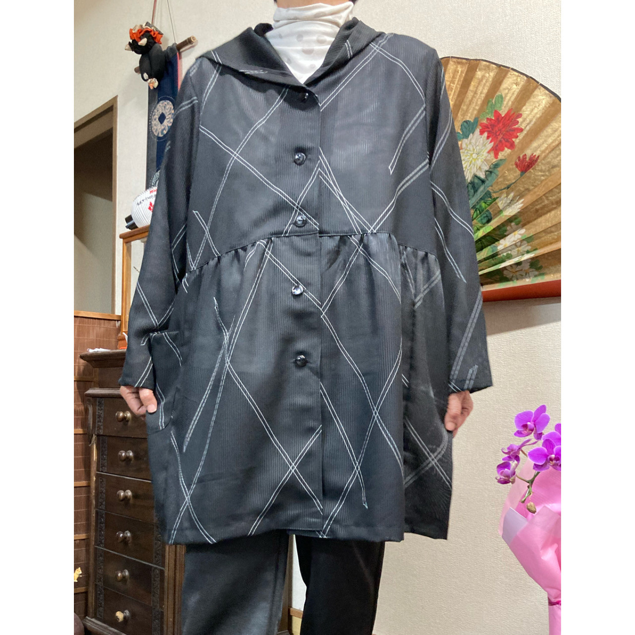 絽の着物からのフード付き前開きジャケット　　　着物リメイク