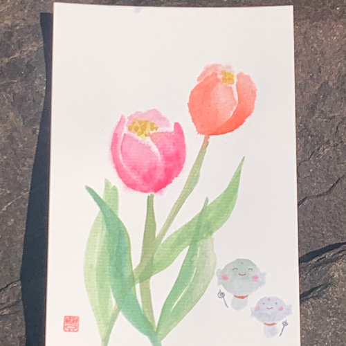 手描きポストカード「チューリップ お地蔵様」一点もの ポストカード