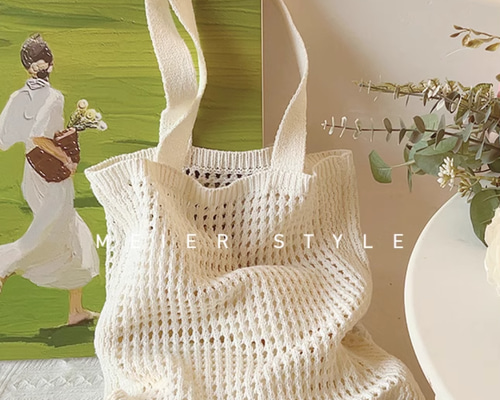 手作り】綿糸編みバッグ 透かし模様のショルダー レディース