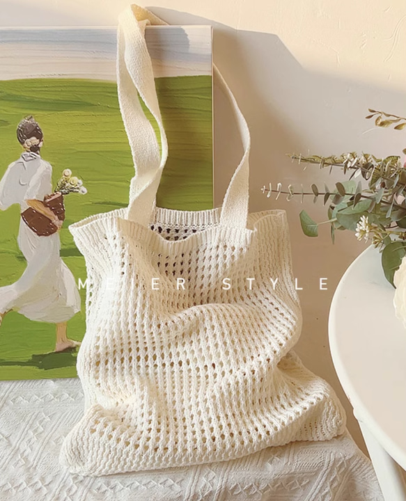 アジアン 手編み バック ハンドメイド サイコロバッグ ガーデンクロシェット バッグ トートバッグ