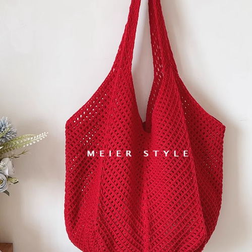 手編みMarchAprilMay ニットバッグ 赤 フリンジ 手作り】赤いニット