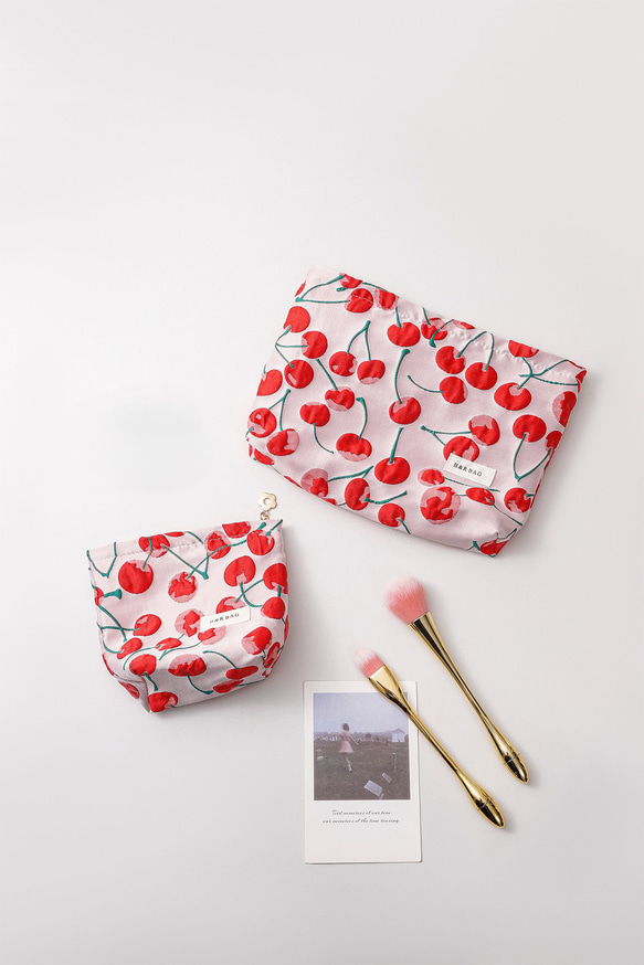 ジャガード織り　夏 さくらんぼ　チェリー　ピンク　大きめ　コスメポーチ　化粧ポーチ　おむつポーチ　 5枚目の画像