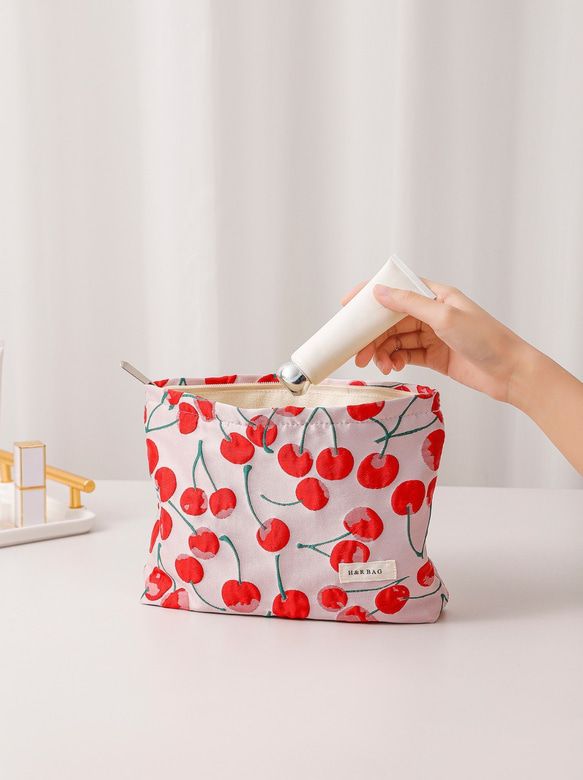 ジャガード織り　夏 さくらんぼ　チェリー　ピンク　大きめ　コスメポーチ　化粧ポーチ　おむつポーチ　 2枚目の画像