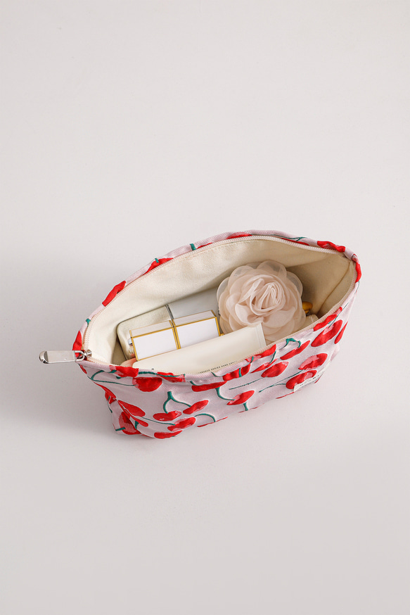 ジャガード織り　夏 さくらんぼ　チェリー　ピンク　大きめ　コスメポーチ　化粧ポーチ　おむつポーチ　 3枚目の画像