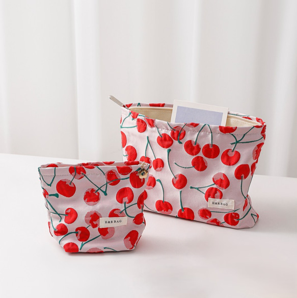 ジャガード織り　夏 さくらんぼ　チェリー　ピンク　大きめ　コスメポーチ　化粧ポーチ　おむつポーチ　 4枚目の画像