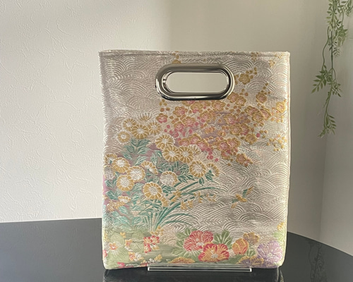 帯リメイク2wayバッグ 和装バッグ 百花 西陣織 持ち手ハトメ クラッチ