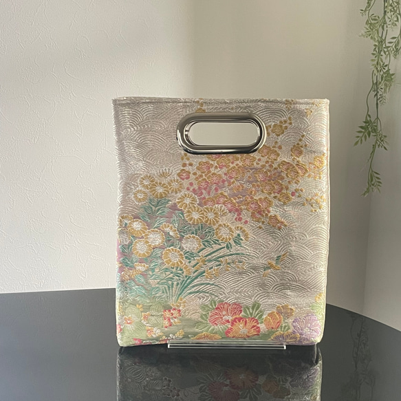 帯リメイク2wayバッグ 和装バッグ 百花 西陣織 持ち手ハトメ クラッチ