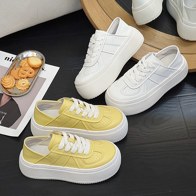 レディース厚底牛革カジュアルシューズ・ホワイトイエロー2色の板靴 W471
