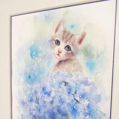 絵画★原画★１点物の作品★本物★額装★インテリア★猫★パステル画★水彩画★ネコ 原画1点】水彩画 〜猫と紫陽花〜 フレーム付 絵画 Atelier ayaka 通販