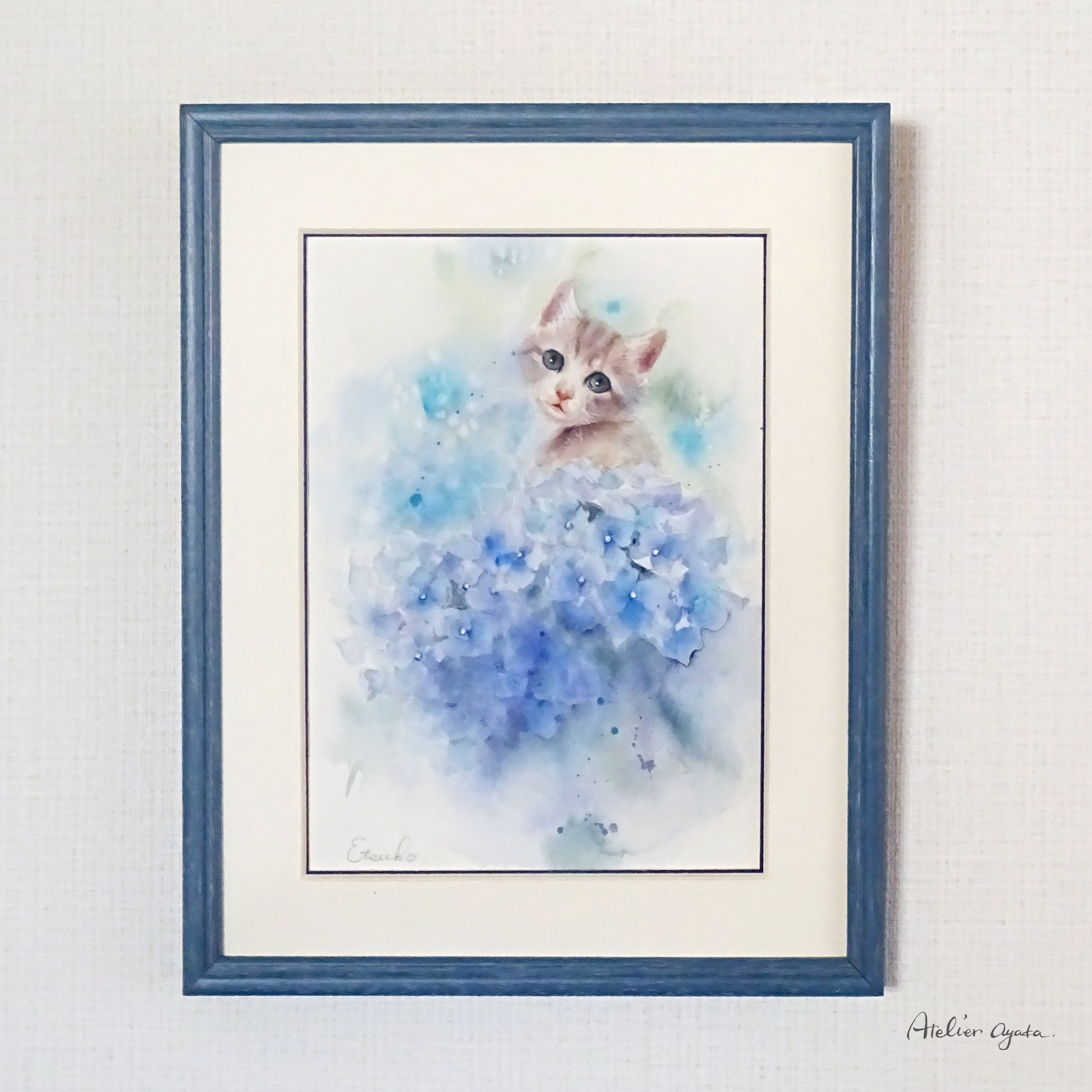 猫の絵 水彩画 原画 額付き「花の香り」F4 猫の絵 水彩画 原画 額付き「花の香り」F4 猫の絵 水彩画 原画