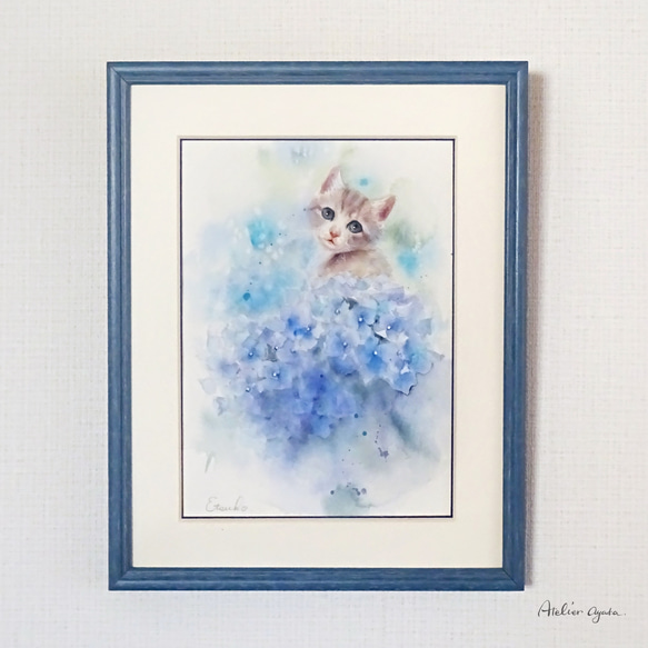 猫 水彩画 原画 猫の絵 水彩画 原画 額付き「花の香り」F4 猫の