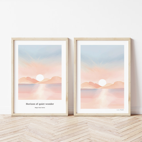 ピンク色の海に沈む夕日 静かな浜辺とマジックアワー アート