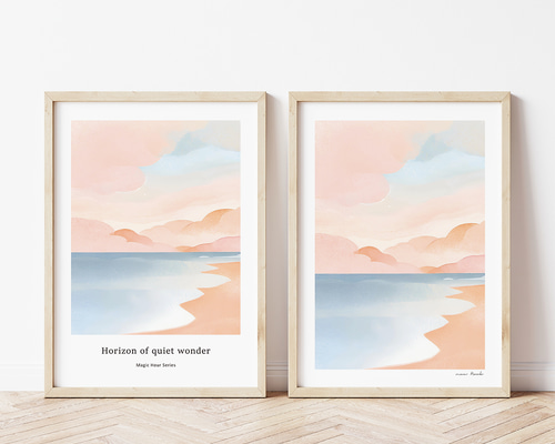 最終値下げ　夕暮れの海岸と町並みの絵画 僕の地元、神奈川県平塚市の海岸から見た夕焼けのイラストを描き