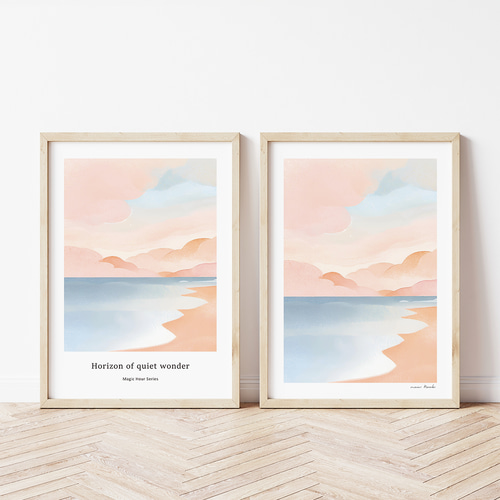 海辺の夕暮れ 抽象アートポスター｜淡いピンクと青の
