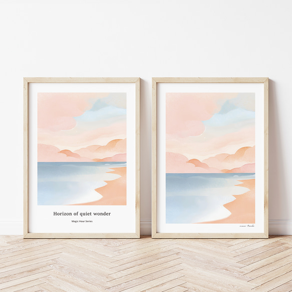 海辺の夕暮れ 抽象アートポスター｜淡いピンクと青の