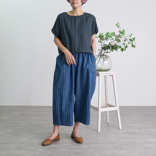 ストライプ8分丈バルーンパンツ/ブルー/ハーフリネン/泉州織物 ロング