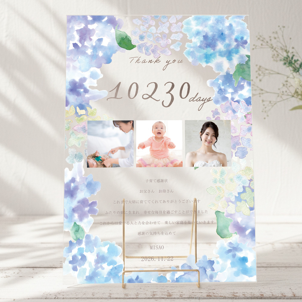あじさいの子育て感謝状  両親贈呈品 写真入り 名入れ　アクリル オーダーメイド