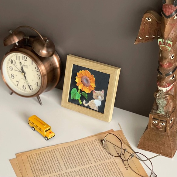 和紙ちぎり絵（無料ラッピング付き)『夏の花とネコ』ひまわりとハチワレ猫の季節飾り・小さなウォールデコ 6枚目の画像