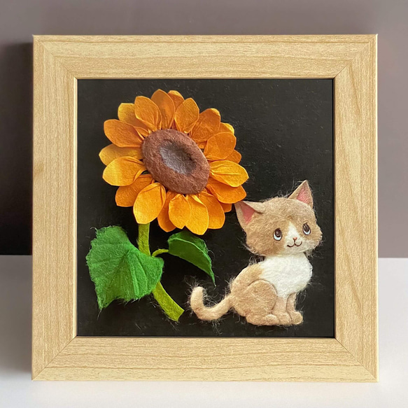 和紙ちぎり絵（無料ラッピング付き)『夏の花とネコ』ひまわりとハチワレ猫の季節飾り・小さなウォールデコ 2枚目の画像