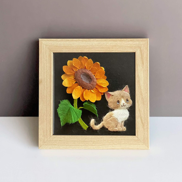 和紙ちぎり絵（無料ラッピング付き)『夏の花とネコ』ひまわりとハチワレ猫の季節飾り・小さなウォールデコ 1枚目の画像