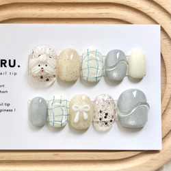 淡梅雨わんこ【サイズオーダー制】￤ネイルチップ リボンネイル マグネット 落書き プール ビジュー うるうる 短め 1枚目の画像