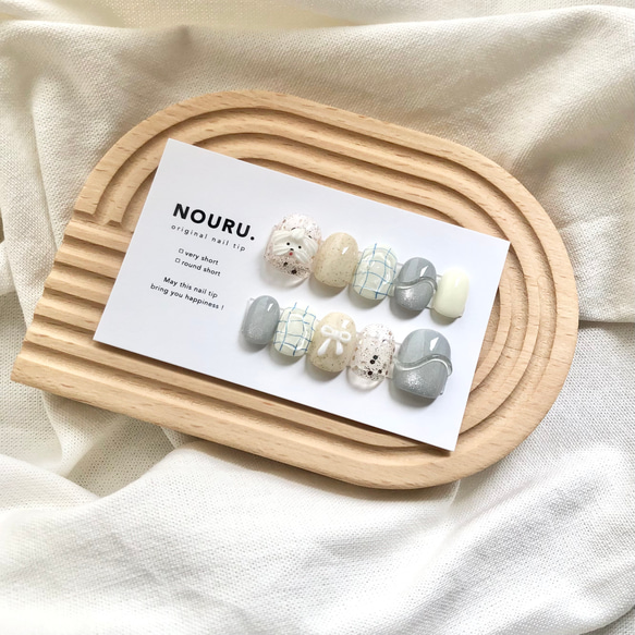 淡梅雨わんこ【サイズオーダー制】￤ネイルチップ リボンネイル マグネット 落書き プール ビジュー うるうる 短め 5枚目の画像