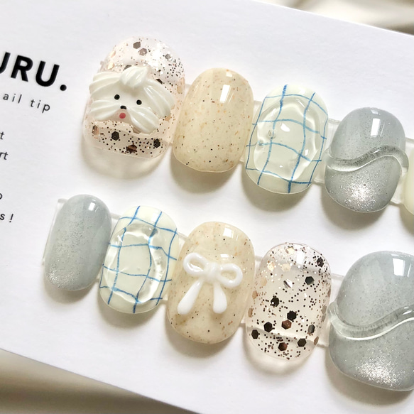 淡梅雨わんこ【サイズオーダー制】￤ネイルチップ リボンネイル マグネット 落書き プール ビジュー うるうる 短め 2枚目の画像
