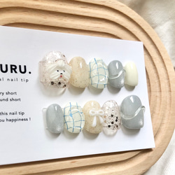 淡梅雨わんこ【サイズオーダー制】￤ネイルチップ リボンネイル マグネット 落書き プール ビジュー うるうる 短め 4枚目の画像