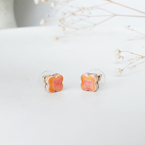 [日本/美濃燒] TP-258 美濃燒珍珠花耳環/耳環 [皮革背襯] 橘色 第2張的照片