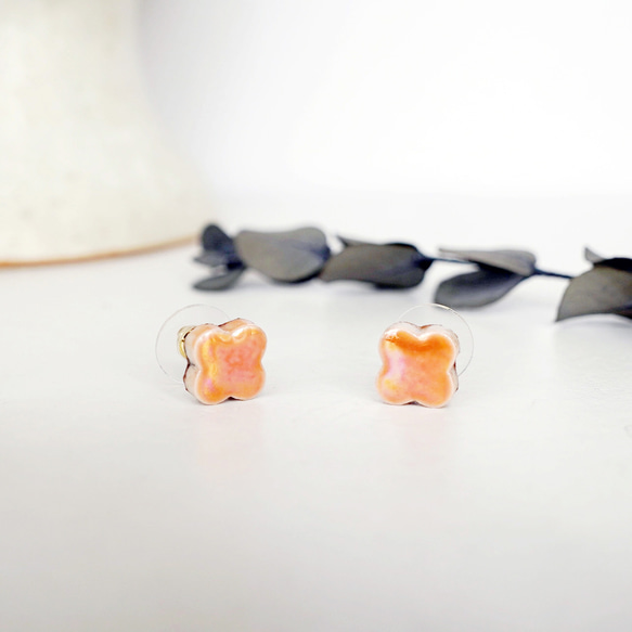 [日本/美濃燒] TP-258 美濃燒珍珠花耳環/耳環 [皮革背襯] 橘色 第1張的照片