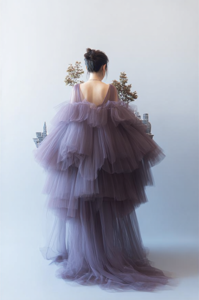 パープルカラードレス 　アシンメトリーチュールドレス　トレーン　ふわふわ　ボリューム　結婚式　前撮り　二次会　 披露宴