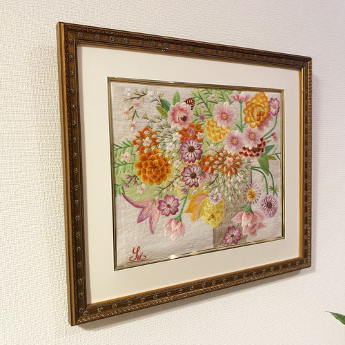 ベトナム政府御用達工房！Mr.クオックスー作品 刺繍絵 ピンクフラワー