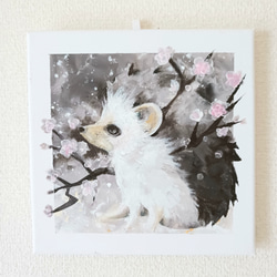 アート原画【花ハリネズミ(梅)】キャンバス木枠/ミニアート/花 1枚目の画像