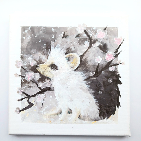 アート原画【花ハリネズミ(梅)】キャンバス木枠/ミニアート/花 6枚目の画像