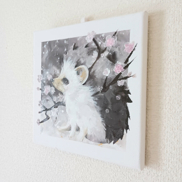 アート原画【花ハリネズミ(梅)】キャンバス木枠/ミニアート/花 4枚目の画像