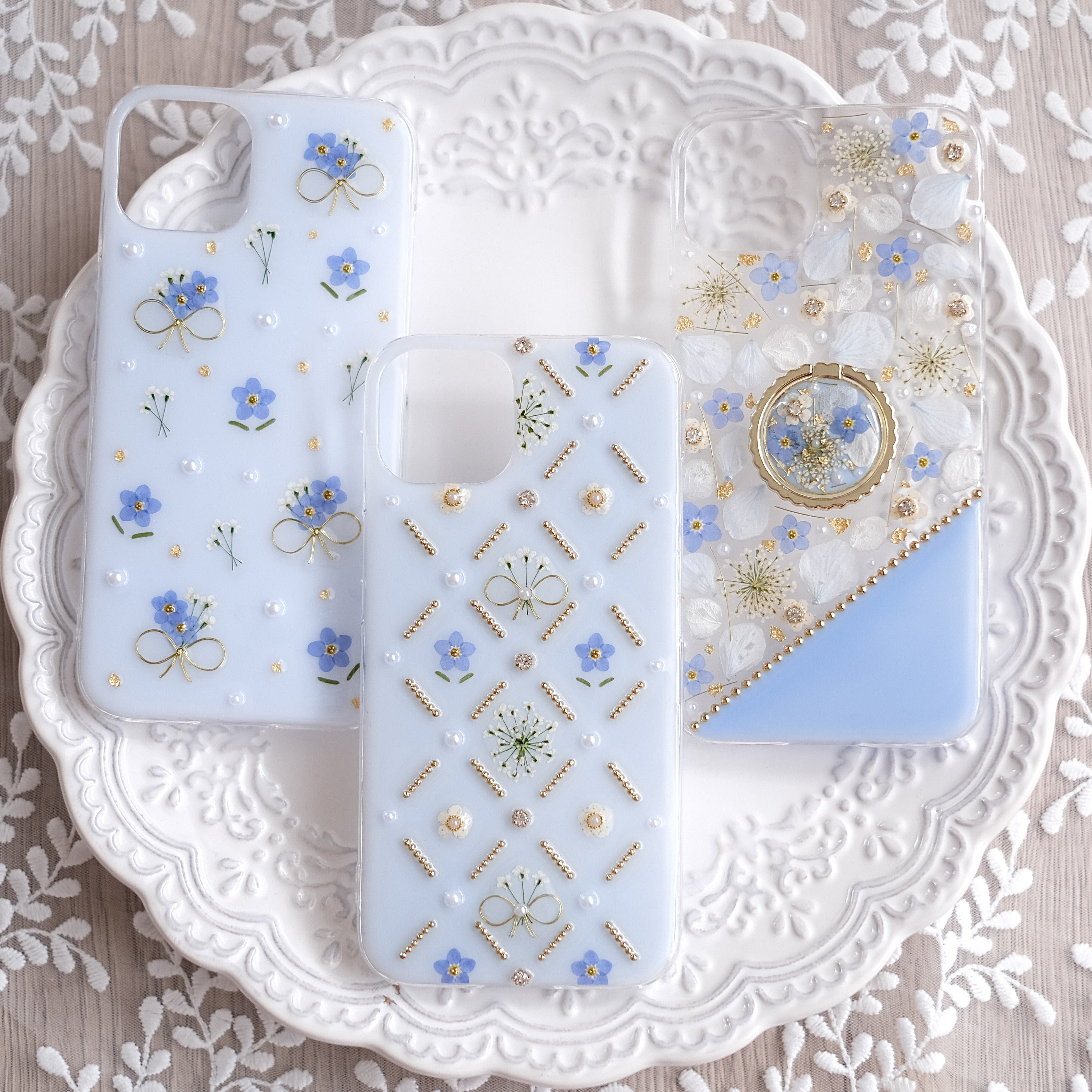 ❁リング・グリップ選択❁【全機種対応】勿忘草のスマホケース❁.*･ﾟ