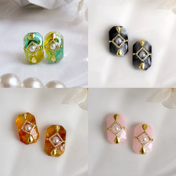 ♡送料無料♡八角マーブルレジンピアス/イヤリング　ステンレス　樹脂ピアス　ノンホールピアス 1枚目の画像