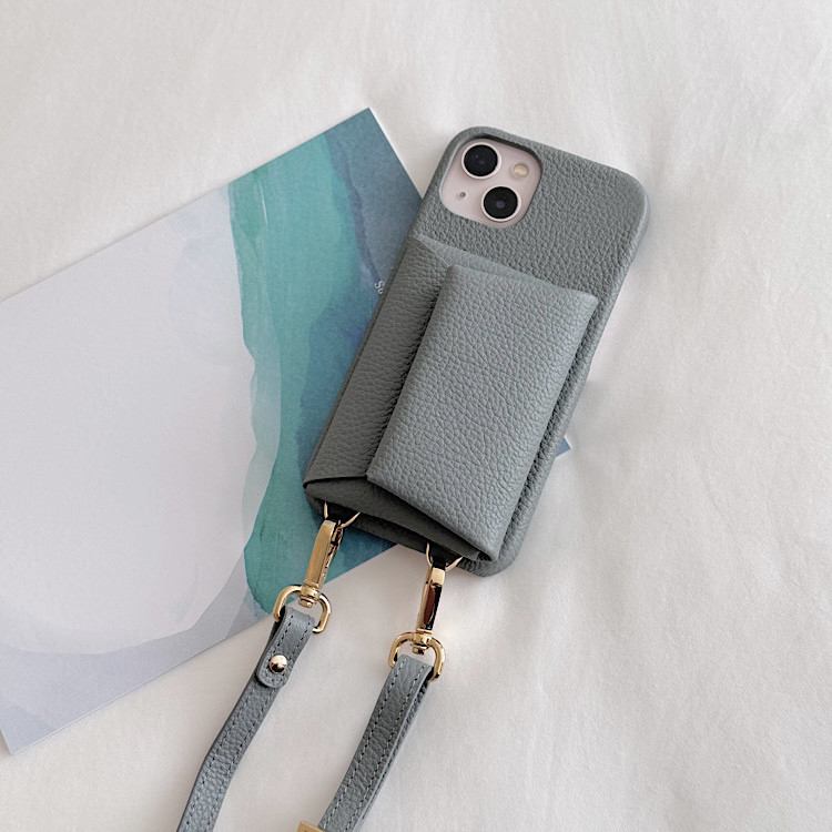 名入れ可　本革 スマホショルダー　革　カード収納 ハンド付き 名入れ レザーiphoneケース Grey