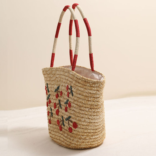 手作り】刺繍チェリーショルダーバッグ ハンドバッグ 大容量 天然素材