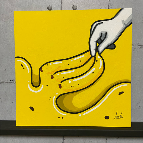 原画》ポップな正方形バナナアート｜アクリルガッシュ・額入り・飾れる