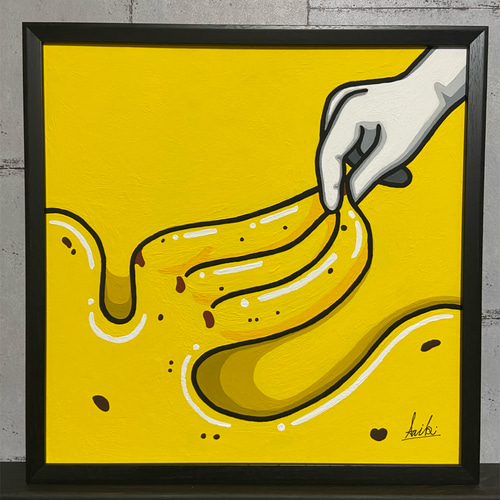 原画》ポップな正方形バナナアート｜アクリルガッシュ・額入り・飾れる