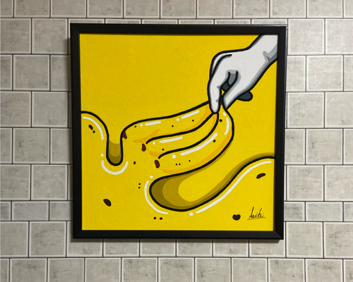 原画》ポップな正方形バナナアート｜アクリルガッシュ・額入り・飾れる