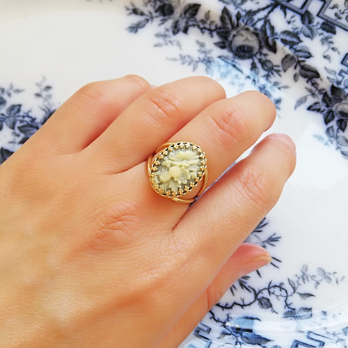 ヴィンテージフラワーカメオ ブルー オーバル リング 指輪 / 18x13mm