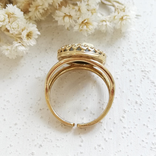 ヴィンテージフラワーカメオ ブルー オーバル リング 指輪 / 18x13mm