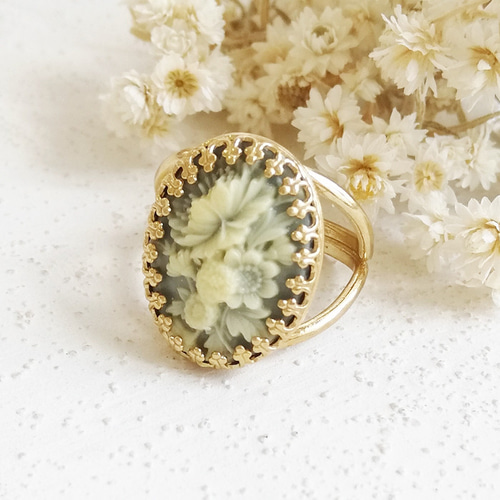 ヴィンテージフラワーカメオ ブルー オーバル リング 指輪 / 18x13mm