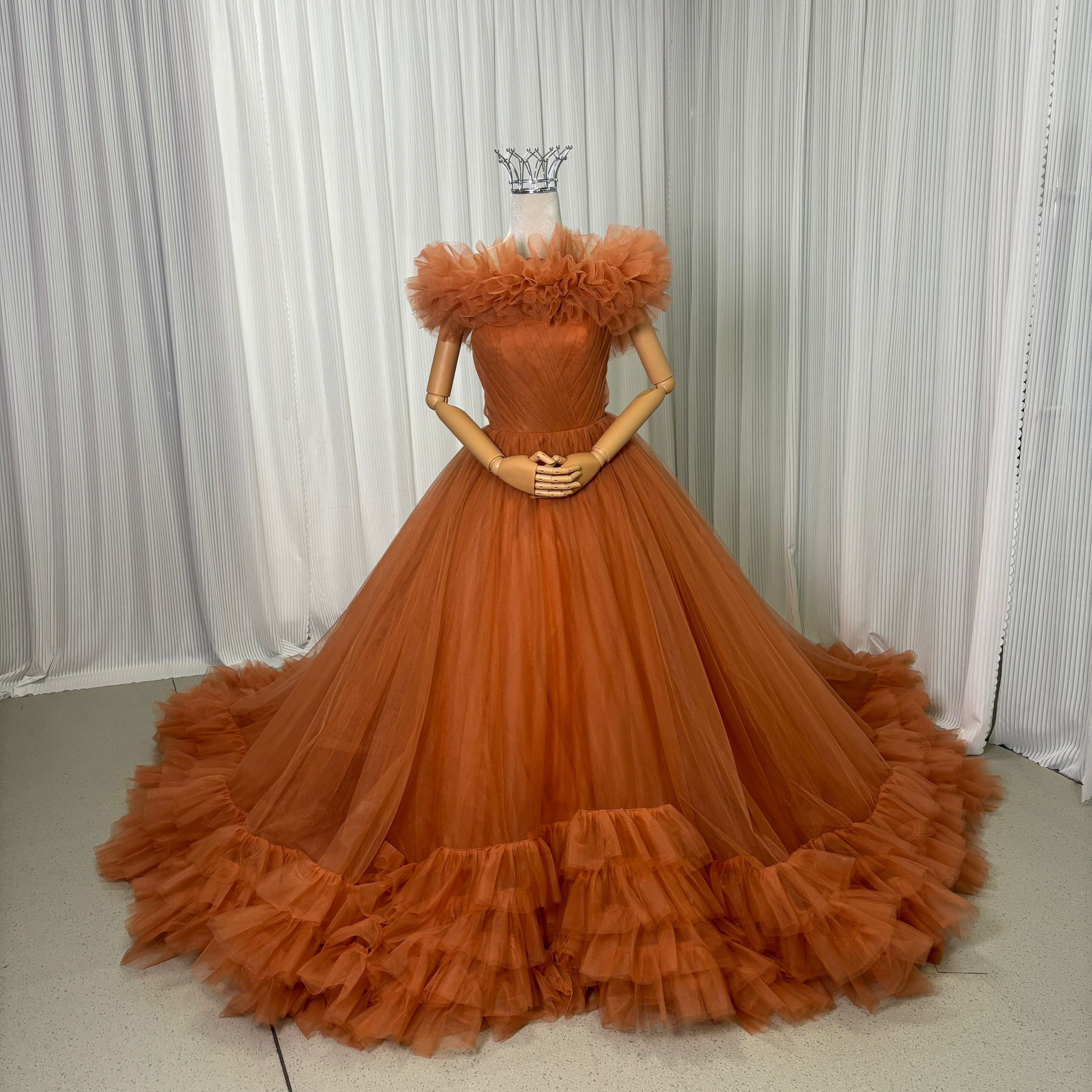 送料無料！カラードレス 取り外しオフショルダー 披露宴/結婚式 テラコッタ色 リボントレーン 抜群のおしゃれ見え