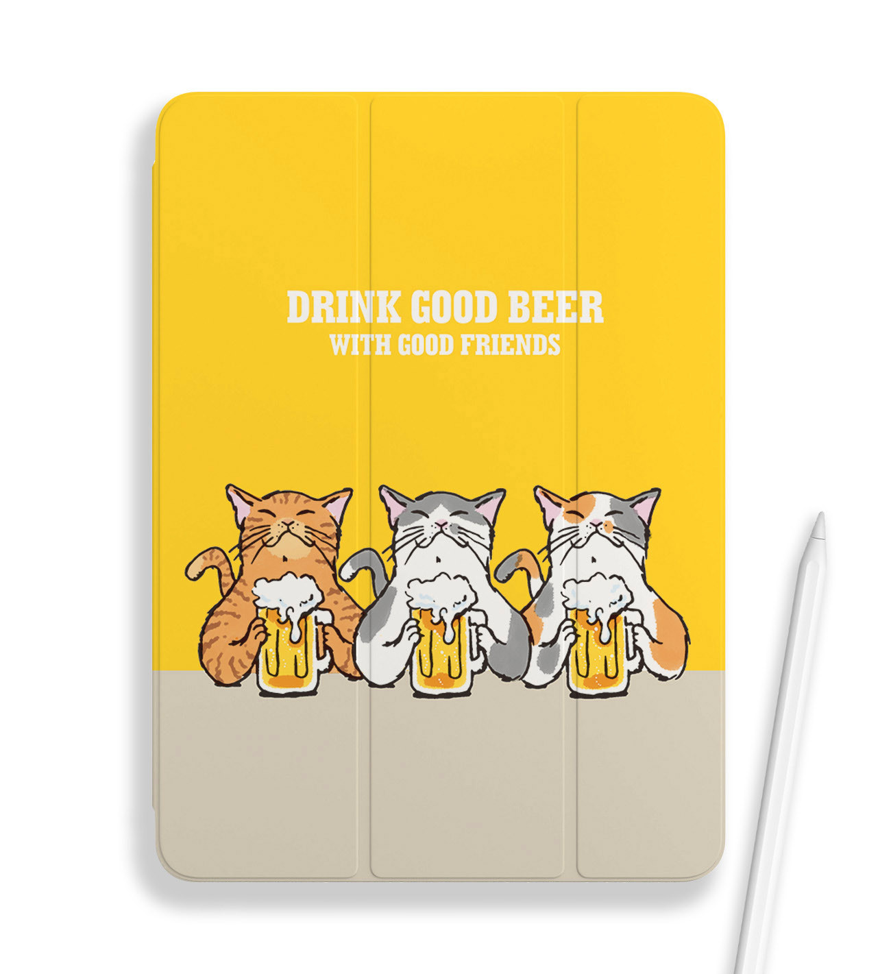 手帳型iPadケース　猫たちがビールで乾杯（イエロー）