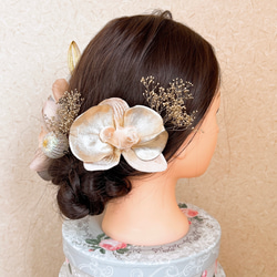 送料無料 ベルベット胡蝶蘭の髪飾り 結婚式 成人式 ピンクゴールド ウェディング ゴールド 2枚目の画像