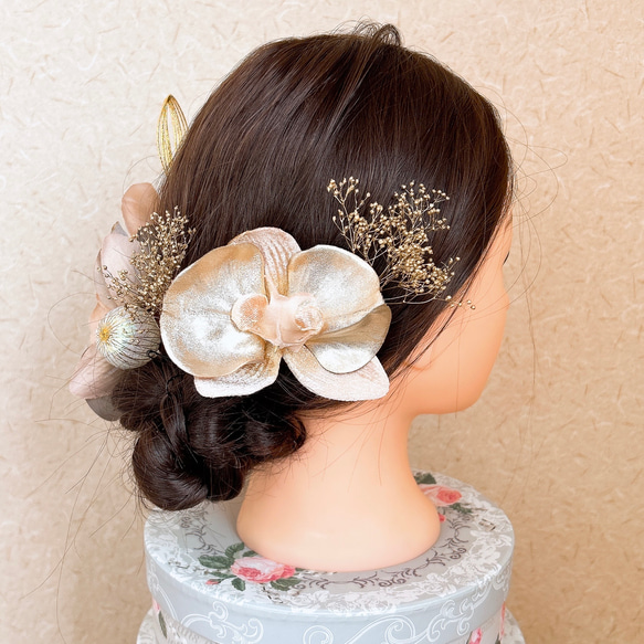 送料無料 ベルベット胡蝶蘭の髪飾り 結婚式 成人式 ピンクゴールド ウェディング ゴールド 2枚目の画像