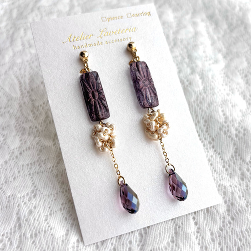 チェコビーズ レクタングル＆スワロフスキーしずくのロングイヤリング